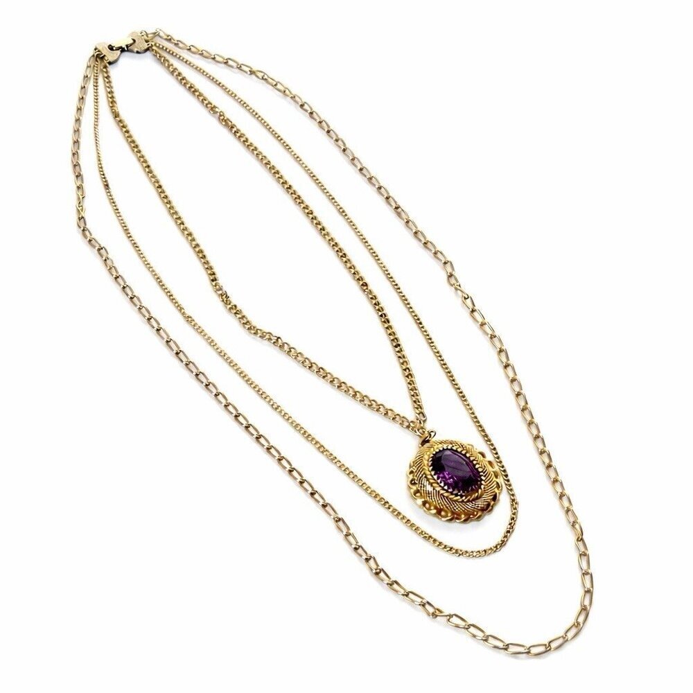 Vintage 70s Victorian Revival Necklace 24" Triple Strand Gold Tone Purple Glass - Picture 12 of 12